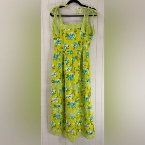 Heart of Grace Designs Yellow Floral Hand Block Printed Tiered Midi Dress